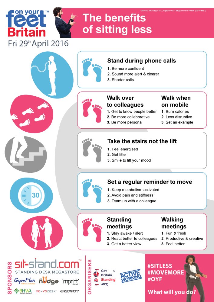 _ukactive's tweet photo. Stand during calls, walk to fellow colleagues; few simple steps to be more active, more often #OYF16  @getGBstanding https://t.co/3nKE3SYhvC