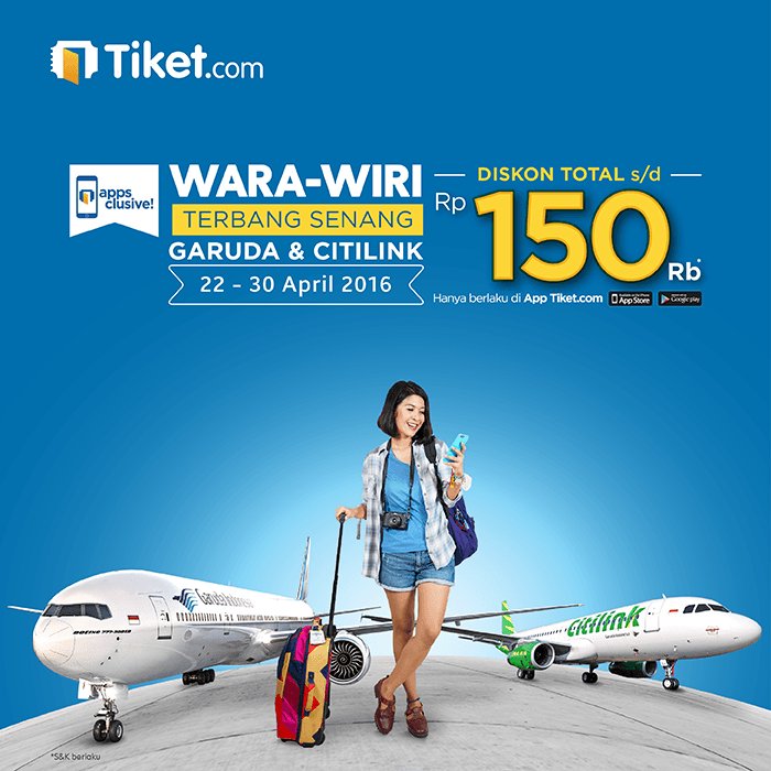 tiket's tweet photo. Tanpa pakai antri! Diskon Rp. 150.000 terbang bersama Garuda Indonesia & Citilink https://t.co/dvbdCjHwJ3 #TixPromo https://t.co/OCTOtMOvYr