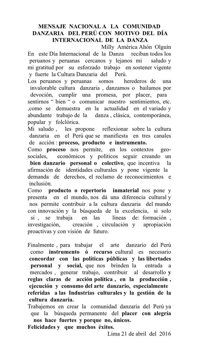 Mensaje de la maestra <a href="/MillyAhon/">Milly Ahon Olguin</a> en el #DiaInternacionalDeLaDanza #cultura #arte #danza