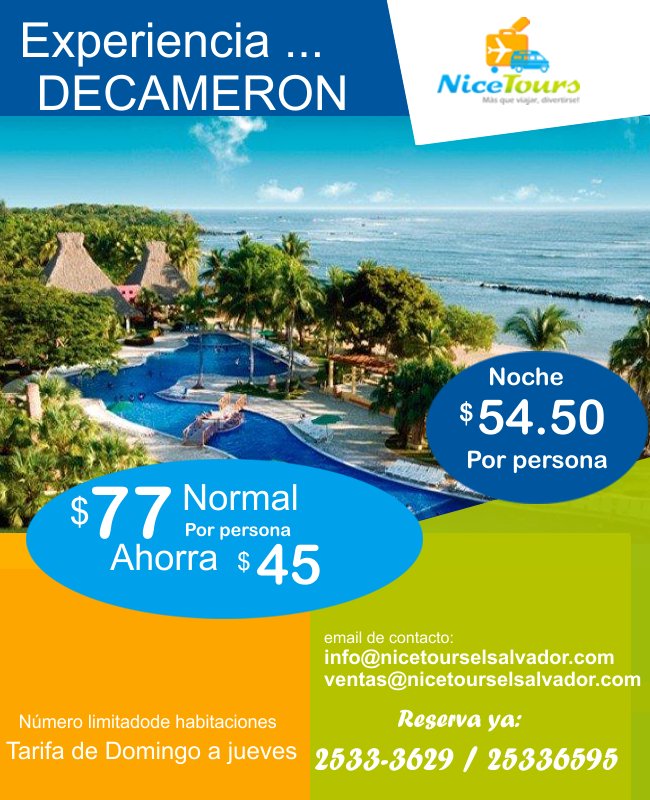Nice_ToursSv's tweet photo. Consulta con nosotros!! Disponibilidad limitada! #decameron https://t.co/8CfZ3xPbxH