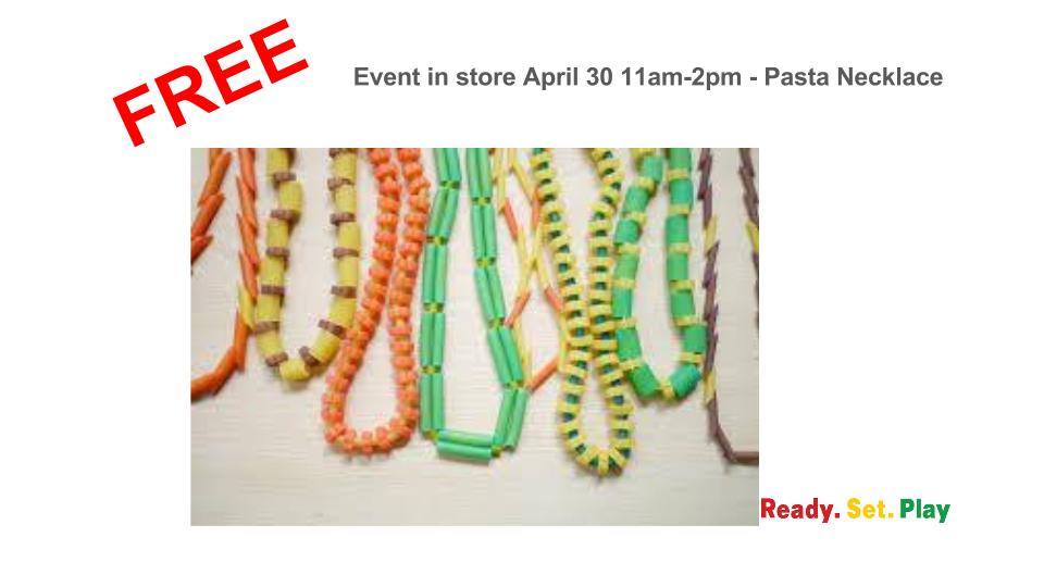 ToyandSport's tweet photo. Free Event Sat, April 30th @ 11am-2pm to decorate pasta necklaces with beads and charms. https://t.co/w8ZSa2AYHO