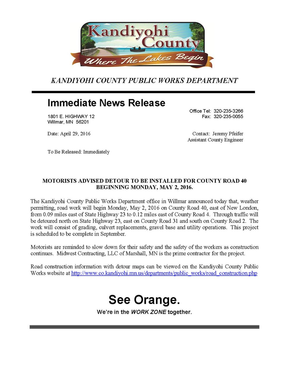 CR 40 construction east of New London starts Monday!  Check co.kandiyohi.mn.us/departments/pu… for construction information.