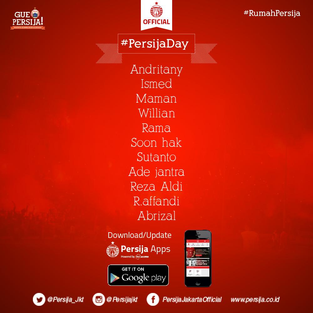 Persija_Jkt's tweet photo. Line Up Persija.
Pukul 21.00 WIT (19.00 WIB) live SCTV 
#RumaPersija
#GuePersija
#PersijaDay 
#TSC2016ID https://t.co/eTrPKdwom8