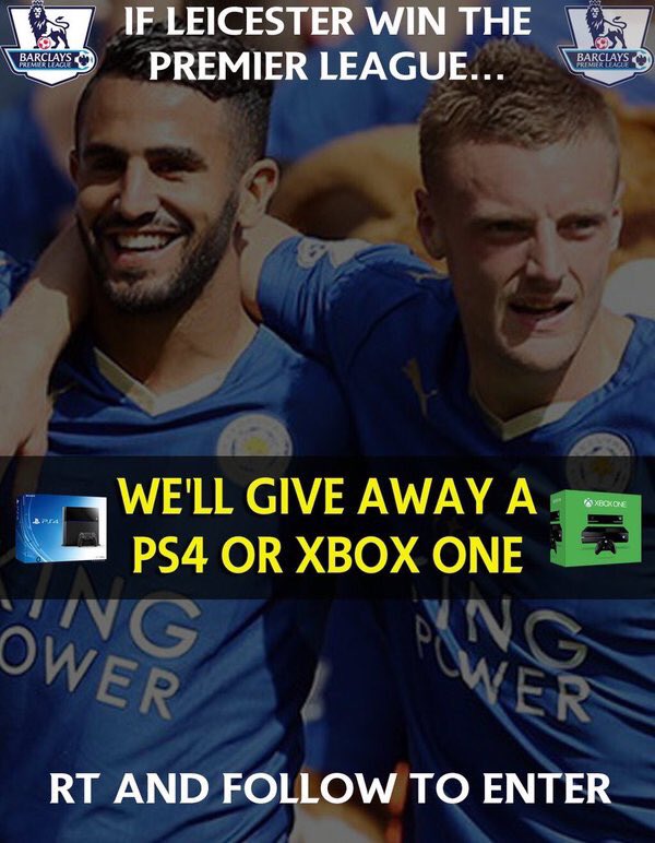 TommysDartsTips's tweet image. If LEICESTER win the Premier League, we'll give away a PS4 OR Xbox One!

RETWEET &amp;amp; FOLLOW @Oddschanger to enter!