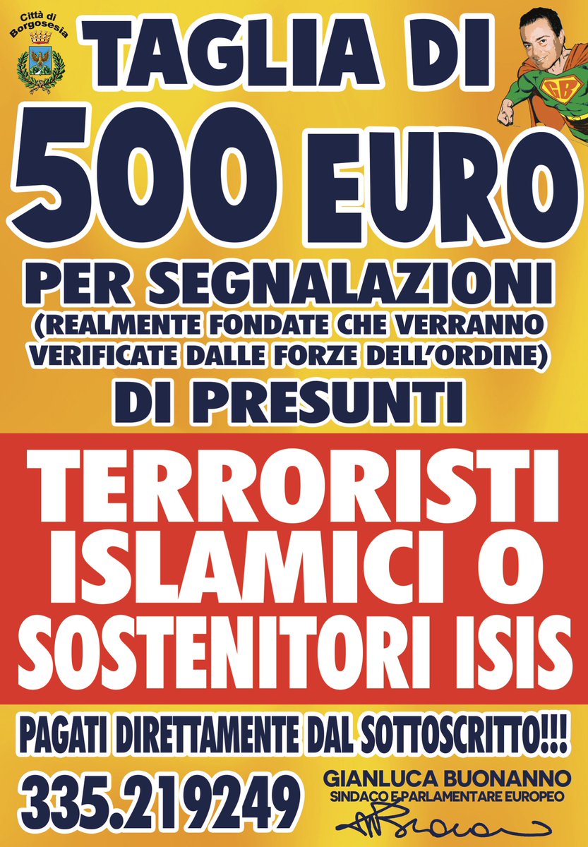 TAGLIA DI 500 EURO per segnalazioni di presunti TERRORISTI ISLAMICI o SOSTENITORI ISIS !!!