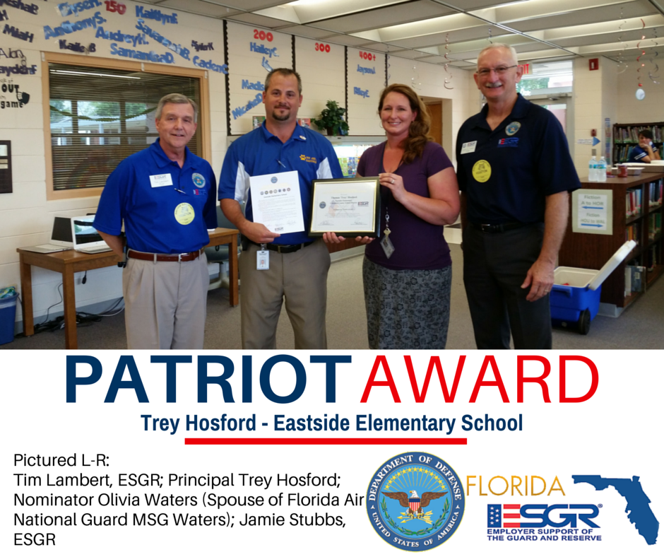 FL_ESGR's tweet photo. PATRIOT AWARD: Trey Hosford, Principal at Eastside Elementary School. 
More: https://t.co/wZoPaNzivv
#GuardReserve https://t.co/fw5U08ThTe