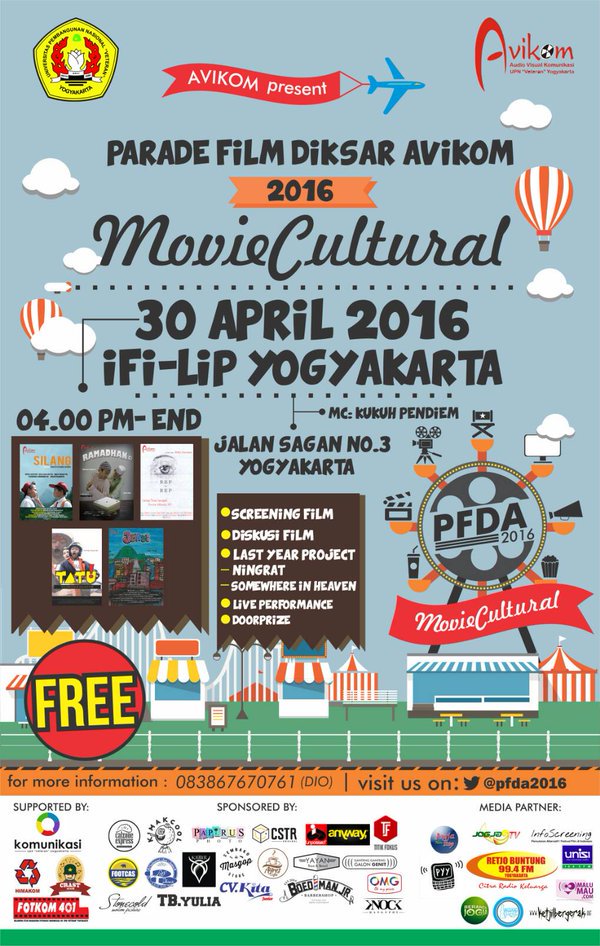 jalanbhakti's tweet photo. PARADE FILM DIKSAR AVIKOM | 30/4/2016 | 16.00 WIB | di @ifi_yogyakarta | GRATIS #pfda2016 #moviecultural https://t.co/V8SsQoHJbw