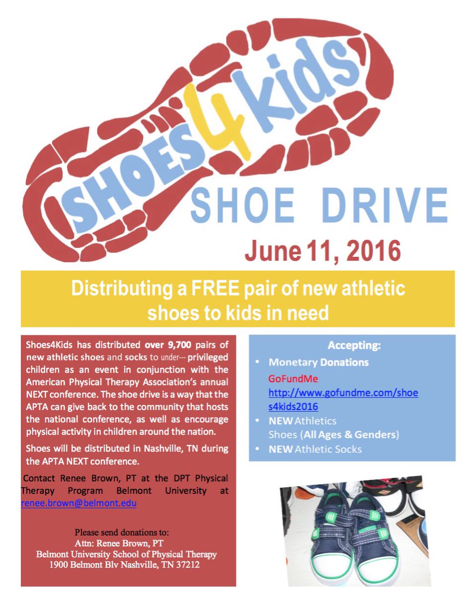 PTDayofService's tweet image. Shoes4Kids shoe drive will be taking place in conjunction with @APTAnext in Nashville! Information below! #PTserves