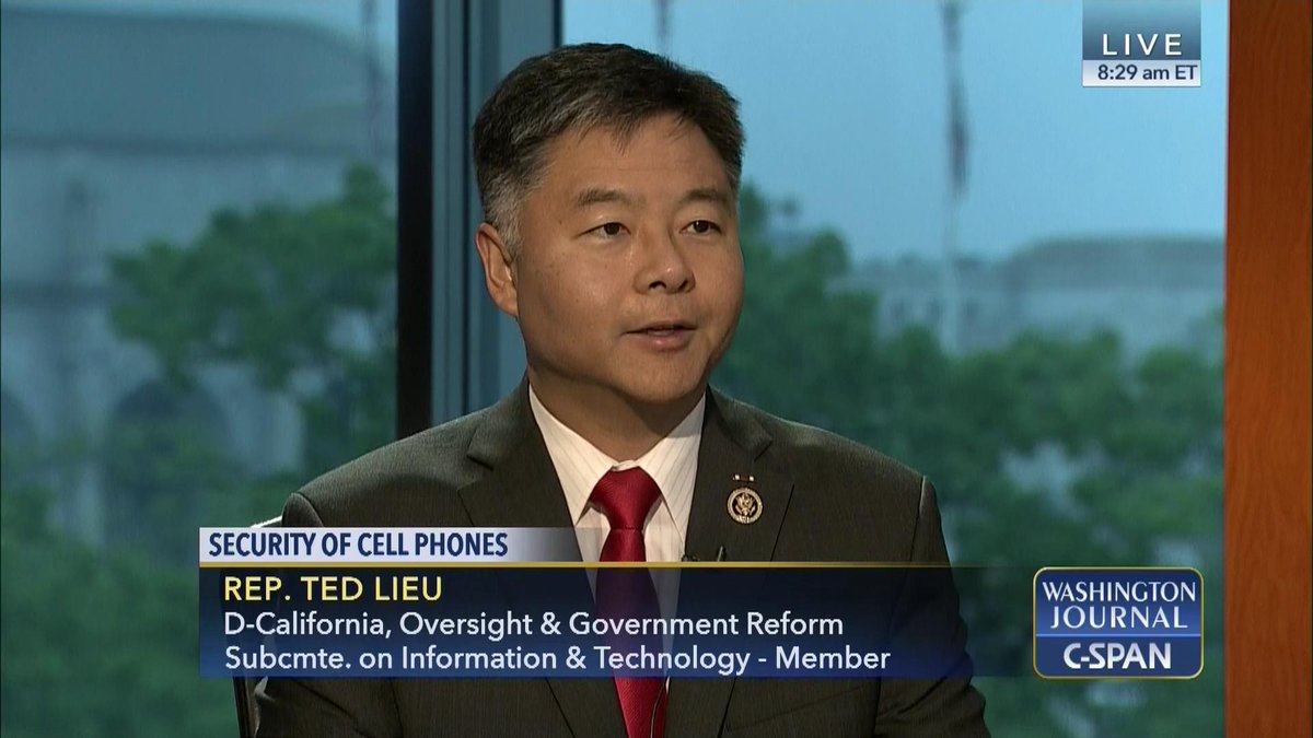 cspanwj's tweet photo. .@RepTedLieu (D-CA) joins us to talk about #cellphonesecurity & how his iPhone got hacked on @60Minutes https://t.co/s2wxGsmEwh