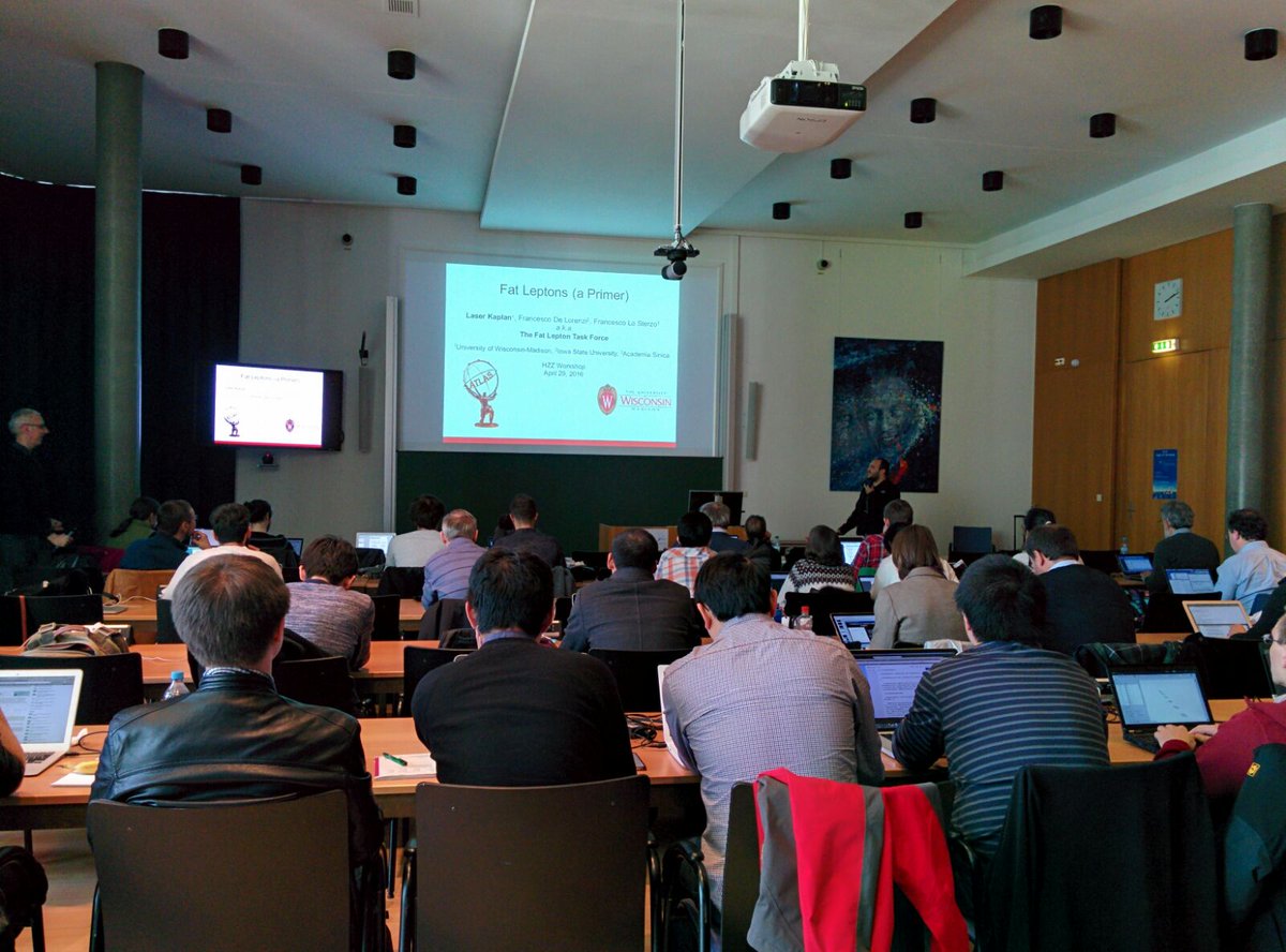 FatLeptonsTF's tweet photo. @laserkaplan giving the first #FatLepton keynote address in #Munich at the #ATLAS HZZ workshop #thefatterthebetter https://t.co/FdYlaHoT6Y