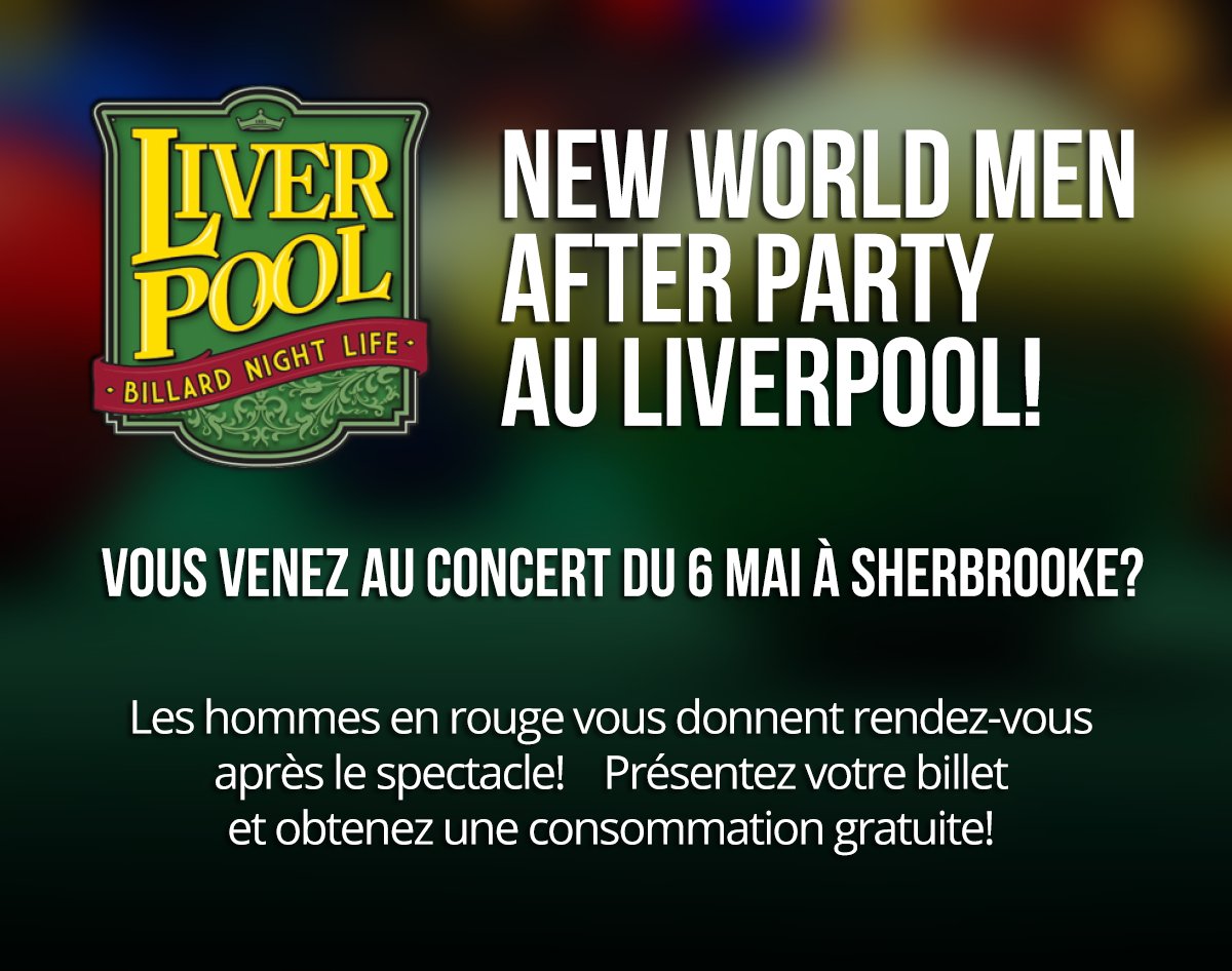 NewWorldMenBand's tweet photo. We invite you to our SHERBROOKE AFTER-PARTY!   On May 6th, at the LIVERPOOL.  @Liverpoolsherby @NewWorldMenBand https://t.co/7cUHkxCX6c