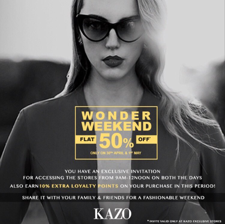 GlamourIgnited's tweet photo. Join me in this amazing WonderWeekend at Kazo!
Flat 50% off on this weekend!
#KAZOWonderWeekend #KAZOExclusiveInvite https://t.co/xrzD77FoZT