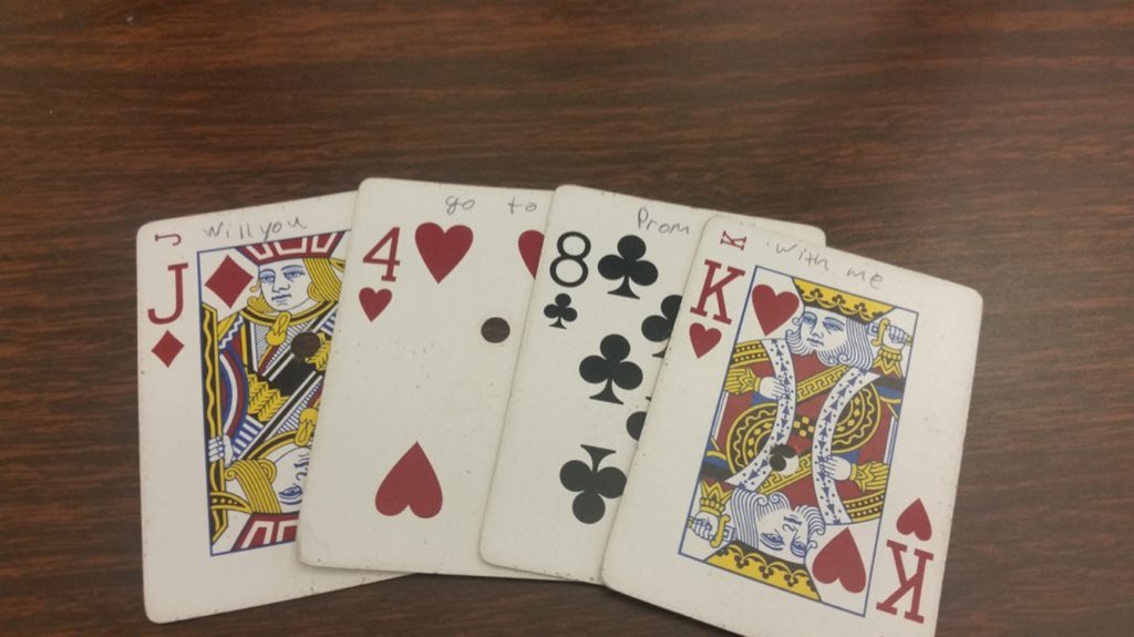 PompPromposals's tweet image. Joelle was dealt this hand of cards by Dylan Benoit along with a prom date!