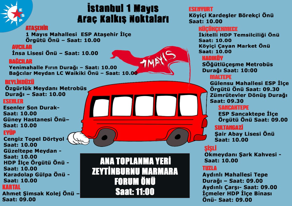 ezilenler's tweet photo. İstanbul il örgütümüzün 1 Mayıs için otobüs kalkış noktaları https://t.co/bhNbhKxImN