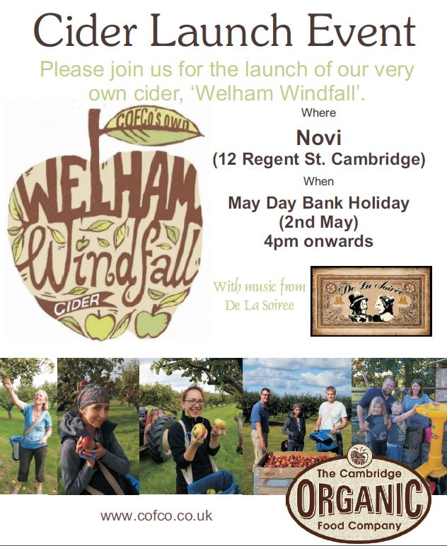 camorganic's tweet photo. @FoodCambridge Brand new local cider #WelhamWindfall Launch party this BH Monday at @novicambridge all are welcome https://t.co/2VJq5Lxvv6