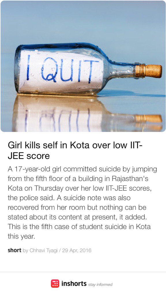 lavika94's tweet photo. Girl kills self in Kota over low IIT-JEE score 
https://t.co/Ea8dmC1m82
-via @inshorts

How sad is this!?😞 https://t.co/n8RUhwOqgT