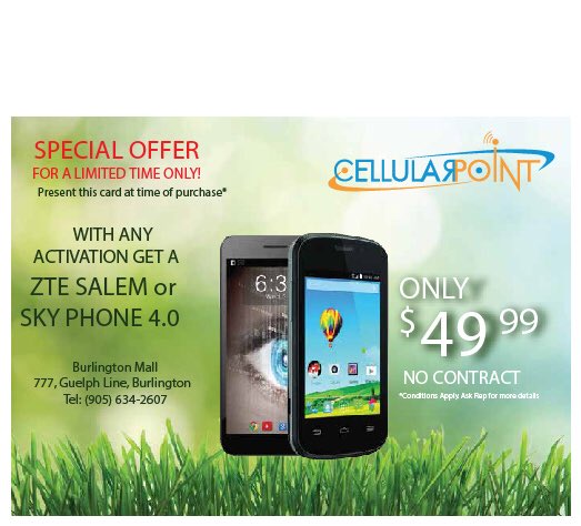 Cellularpoint_'s tweet image. Hey Burlington! We got an offer for you.
Get up your ZTE Salem or Sky 4.0 cell phone for only $49* without contract.