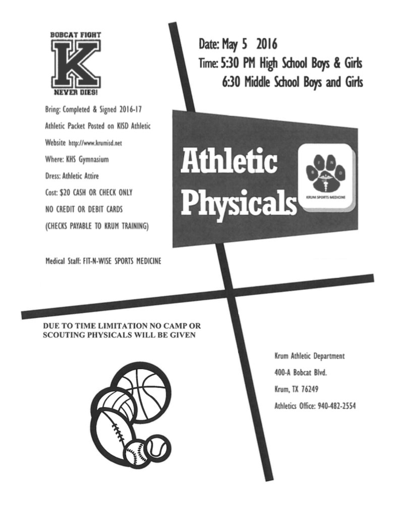 KMS &amp; KHS athletes - physicals are scheduled for May 5. Download a physical packet at krumisd.net/Page/2485.