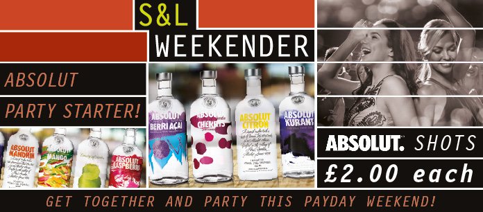 SlugLeeds's tweet photo. We have an 'absolutely' brilliant deal this weekend. All Absolut flavour shots are Β£2 each #SLWeekender #Leeds https://t.co/JUHrNDGBY2
