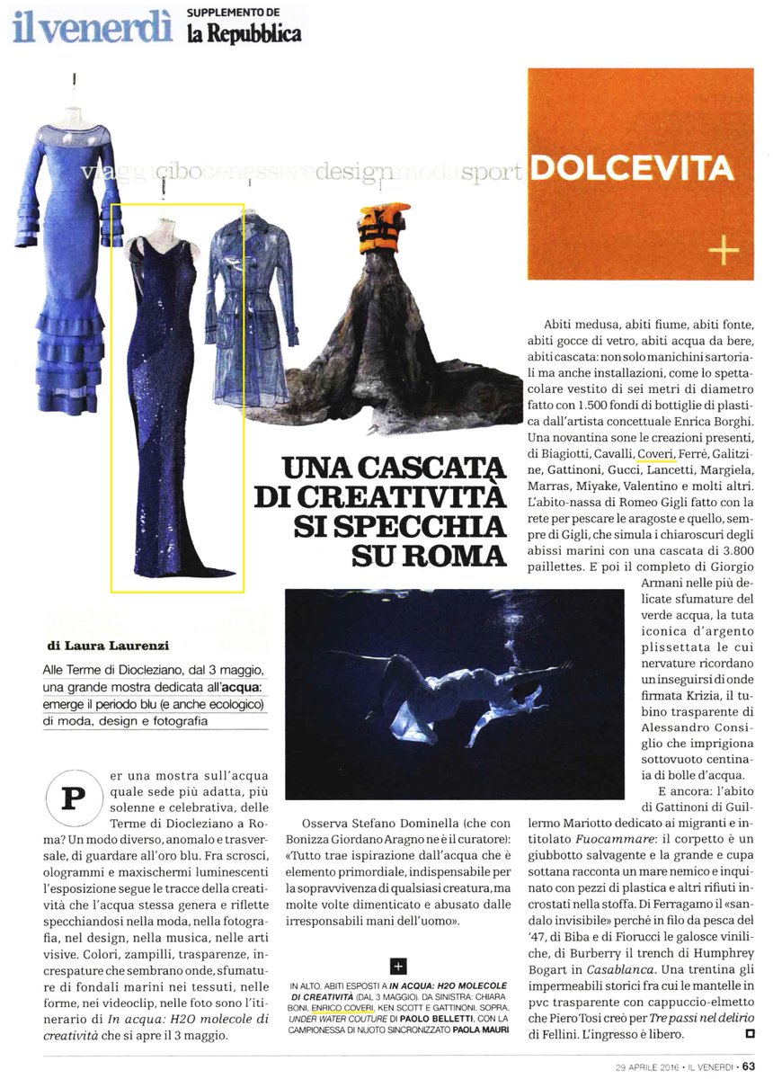 #Pressreview #EnricoCoveri su Il Venerdì - La Repubblica per la mostra "In Acqua: H₂O Molecole di creatività" a Roma