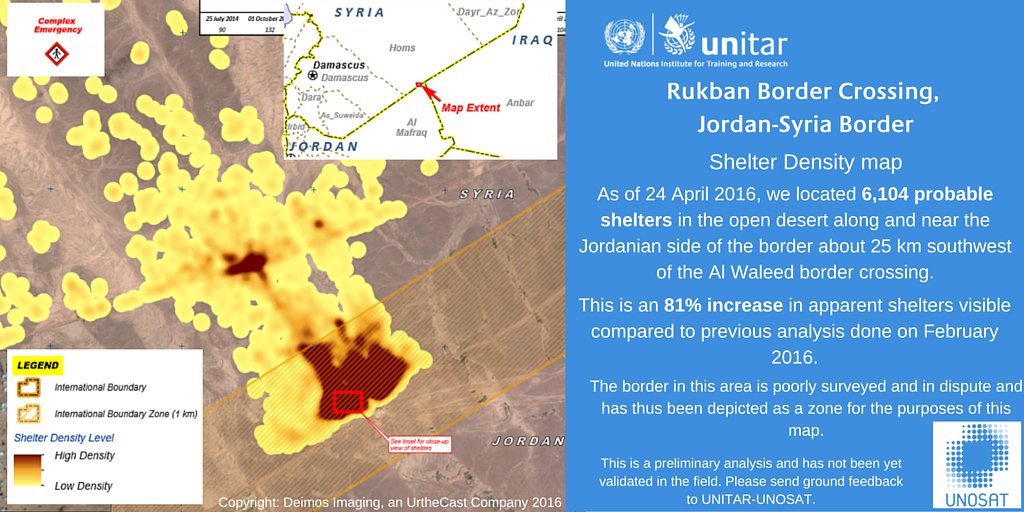 UNOSAT's tweet photo. 🌍 #Shelter density #map of Rukban border crossing, #Jordan-#Syria border: https://t.co/fKPgkwM4L0 @UNOCHA https://t.co/AzQvMWn85q