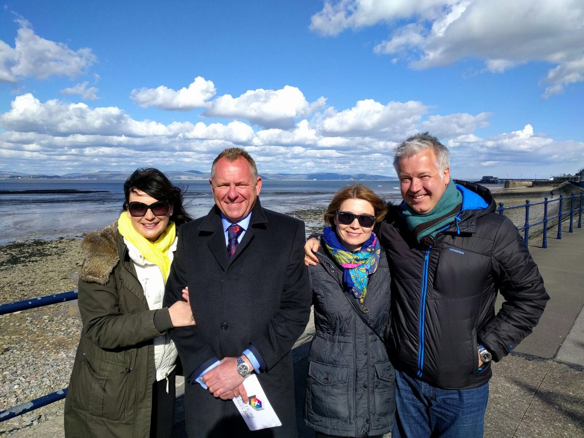 BBCWalesToday's tweet photo. All smiles in Mumbles - about to rehearse for tonight's programme @JamieOwenBBC @DerekTheWeather and producers! https://t.co/v6V7zR825W