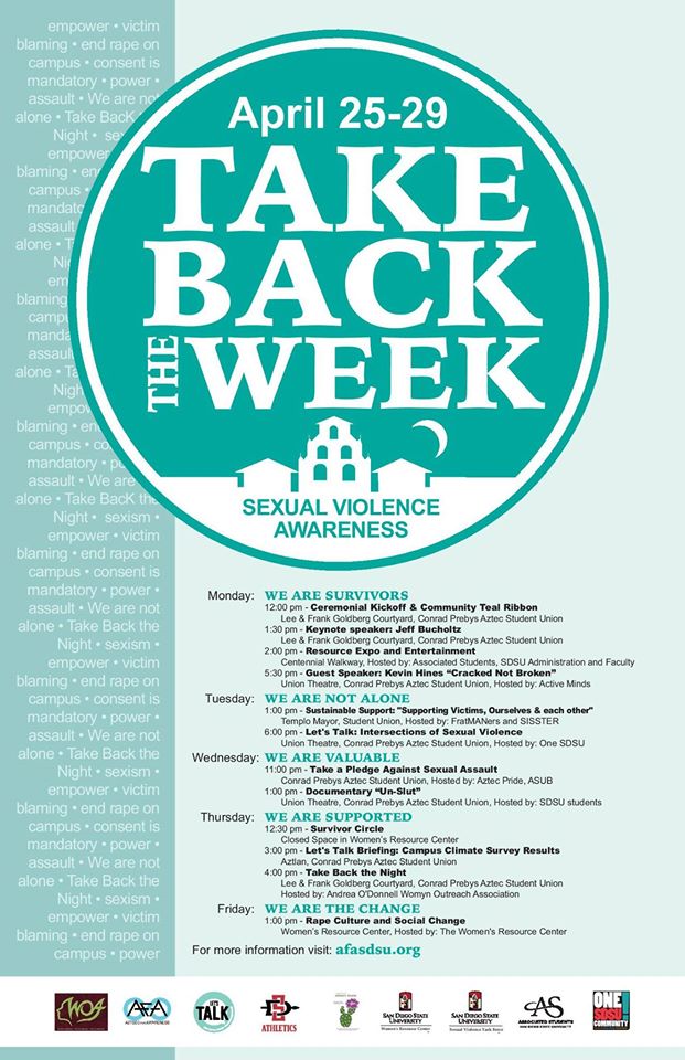 ExperienceSDSU's tweet photo. #WeAreTheChange Take Back the Week's last event is today at 1PM in the @SDSUWRC. Don't miss out, Aztecs! #SDSUTalks https://t.co/FpVPyhYXaa