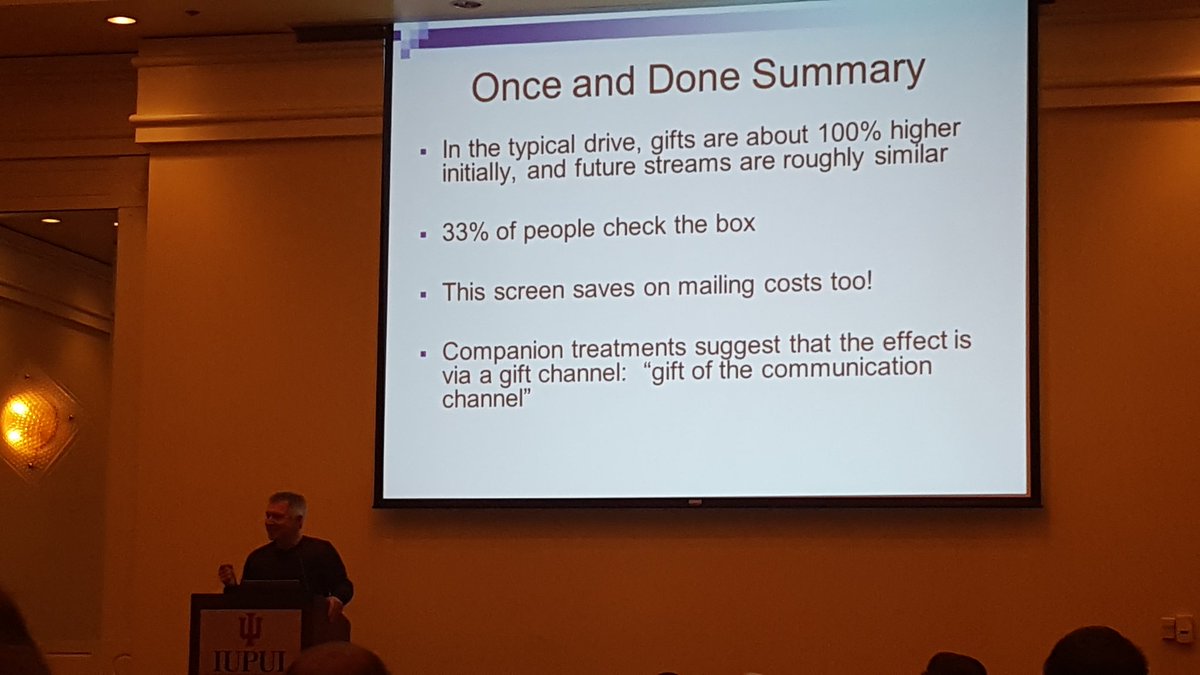 adamclevenger's tweet photo. Once & done gift experiment found more money up front; reduced cost; no decrease over time. John List #afpspring https://t.co/6Sta6BzyqV