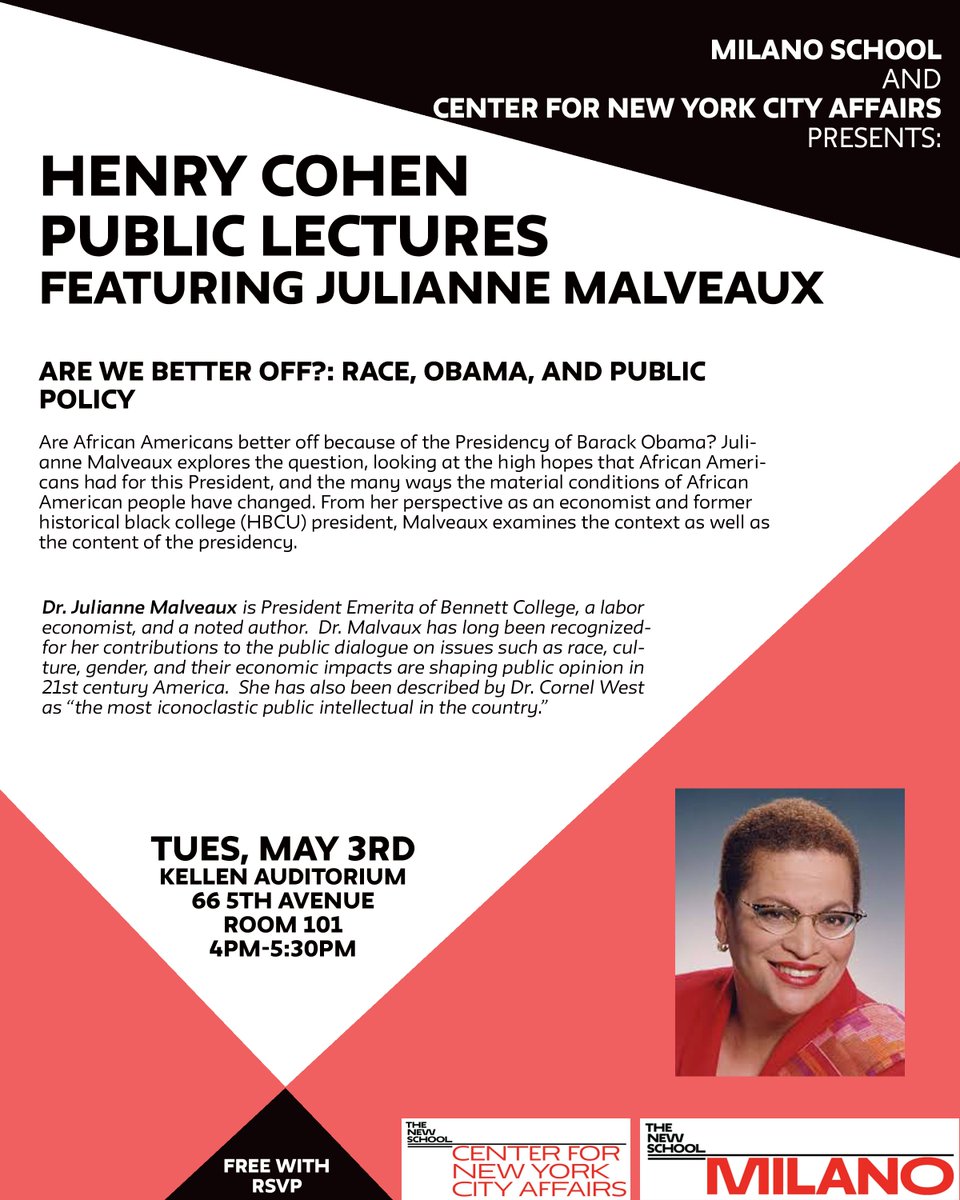 The #HenryCohenLectureSeries continues next Tuesday w/ Julianne Malveaux discussing Race, Obama, & Public Policy