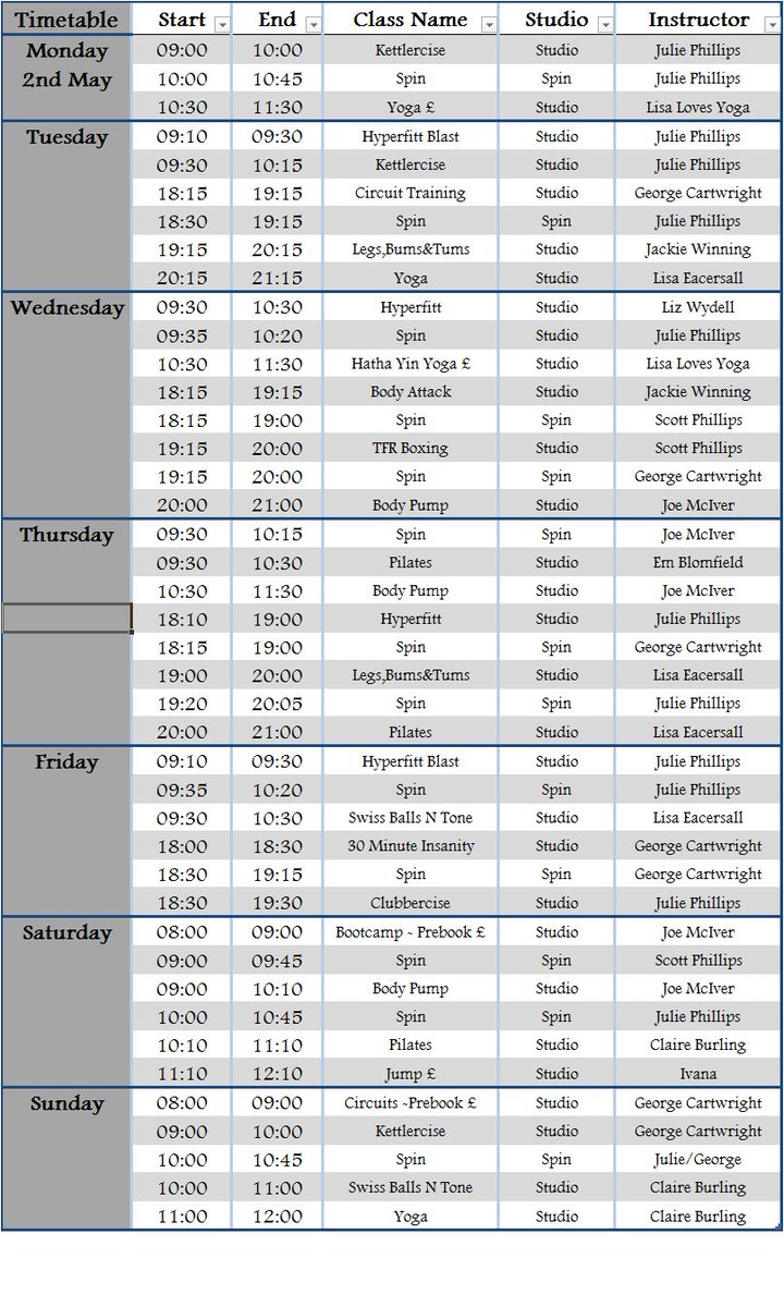 Timetable for next week!