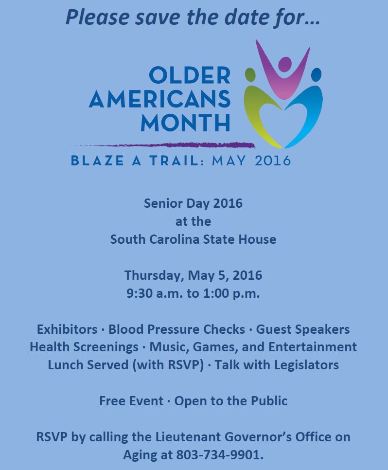 AgingSC's tweet image. @UofSC @ClemsonUniv @MUSCPR excited to have you #BlazeATrail to the #SCStateHouse May 5! #OlderAmericansMonth