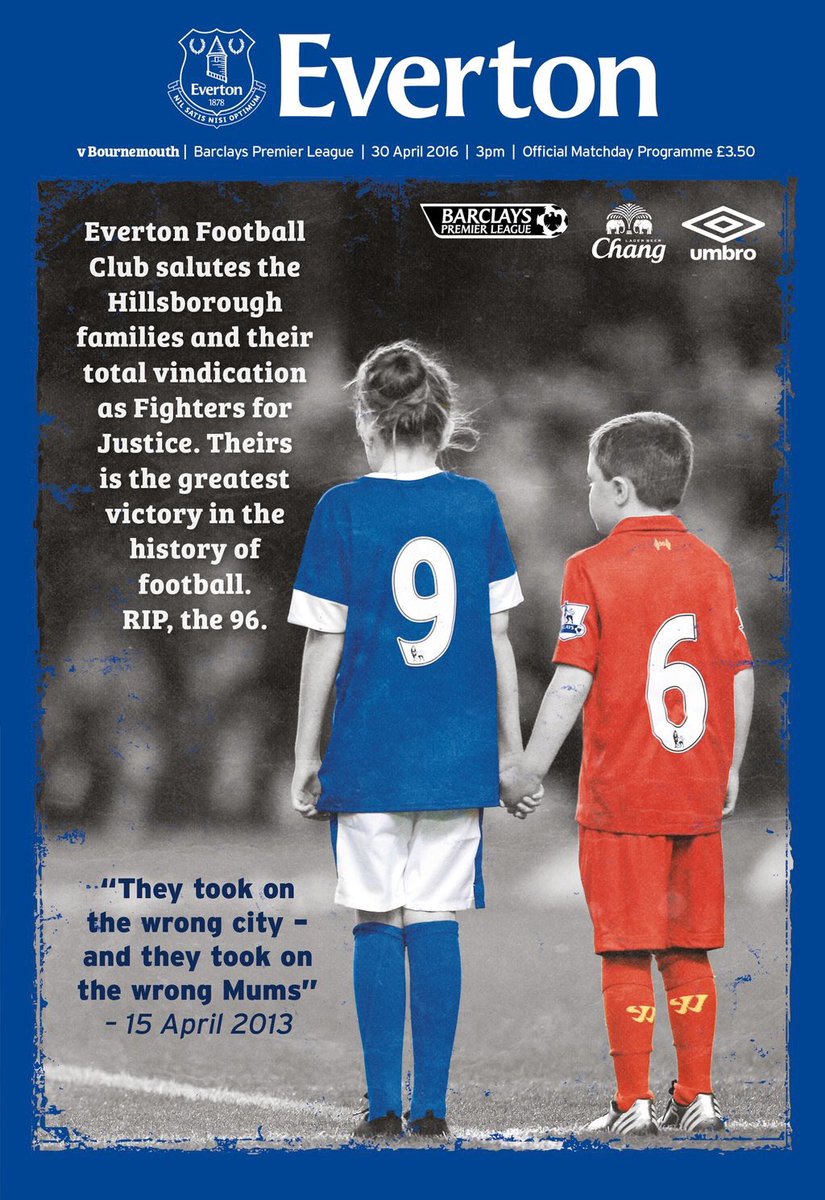 indykaila's tweet photo. Cover of tomorrow's @Everton matchday programme. #JFT96 

Class from Everton Football Club https://t.co/2SbECP7pWn