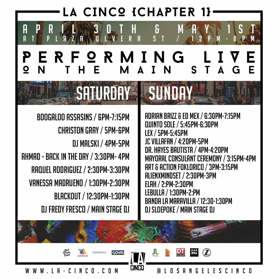 LosAngelesCinco's tweet photo. The artist line up! #lacinco #cincodemayo #jivelive https://t.co/0geZbHwsJd