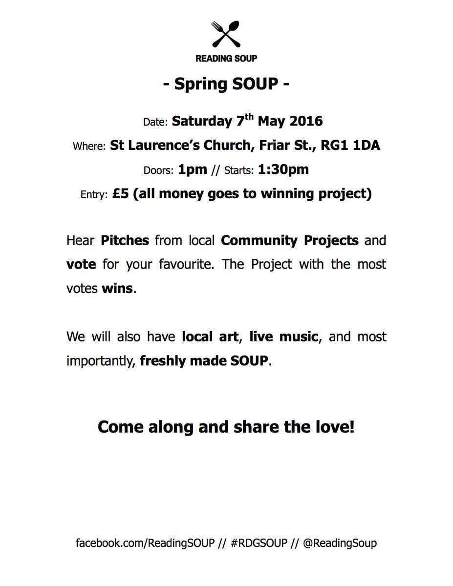 ReadingSoup's tweet image. 8 DAYS TIL #RDGSOUP! We've got music from @BruceNeilMusic, Community Projects &amp;amp; fresh SOUP - Get involved! #rdguk
