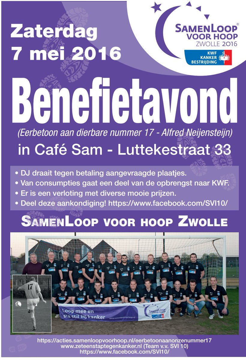 vvsvi10's tweet photo. Kom jij ook? Benefietavond voor #Alfred17 zat. 7 mei vanaf 20 uur in café Sam. Doel, geld ophalen voor @KWFZwolle https://t.co/zloVVMmBpR