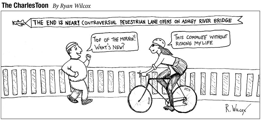 TheCharlesToon's tweet photo. A depiction of the future pedestrian lane over the #AshleyRiverBridge. #CHSnews #BridgeTheAshley #BikeMonth @CRBJ https://t.co/tAKWgZj1H5