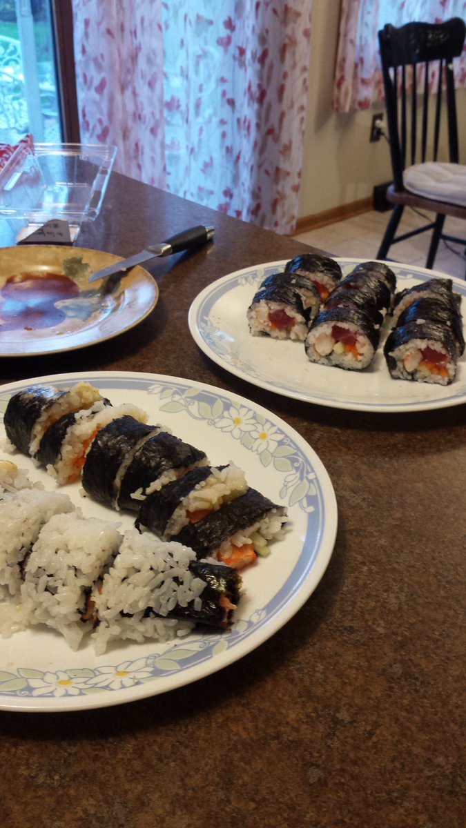 AngieScarpello's tweet photo. Homemade sushi ?? Yes please! @andrewtonsoline and I are sushi chefs https://t.co/og96xs1rmP