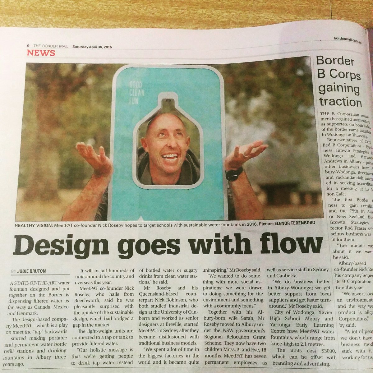meetpat's tweet photo. Thanks @bordermail write up on #meetpat #design #drinking #water today don't forget #reusable bottle this weekend https://t.co/RXWn42HEqC