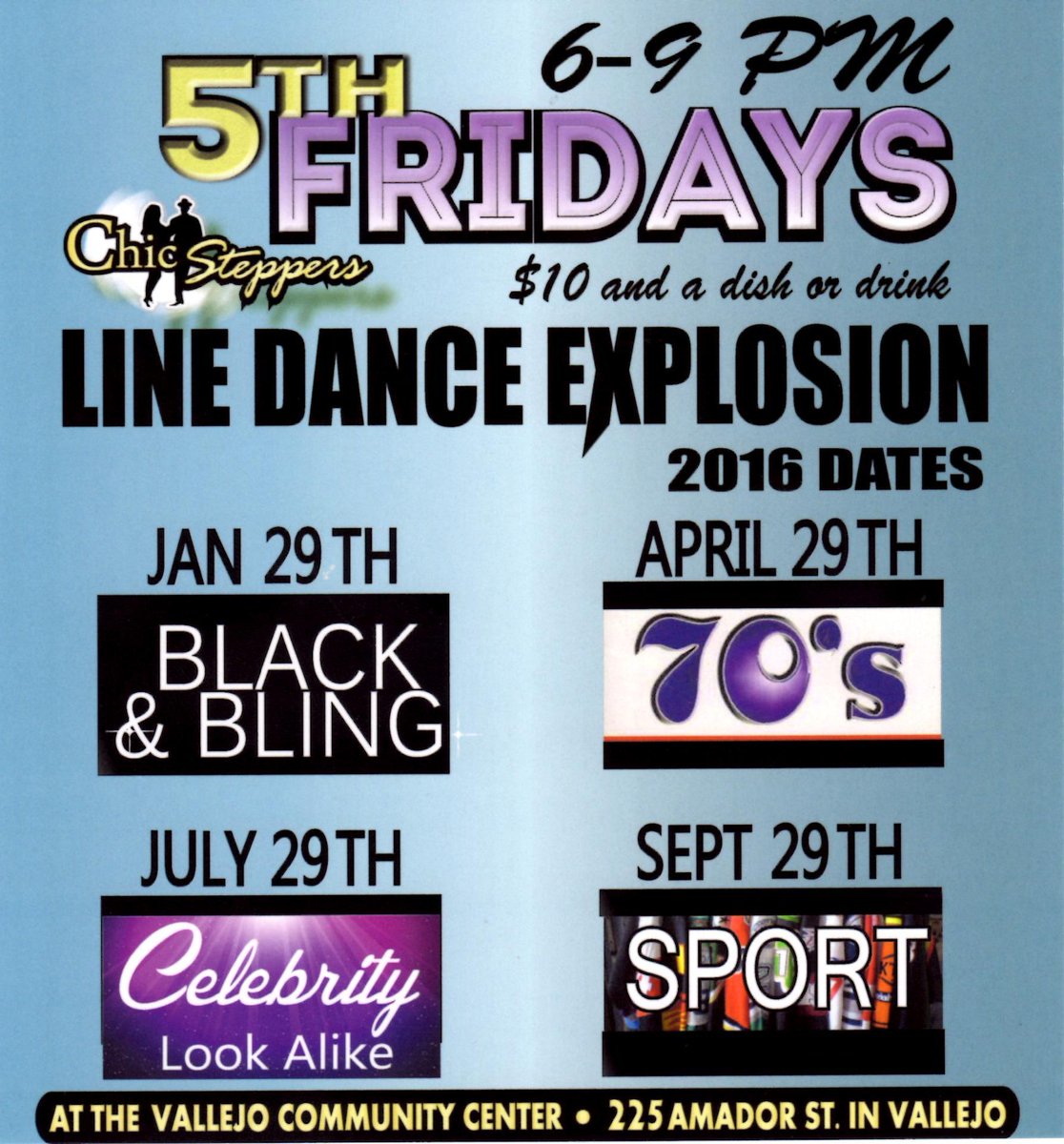 GVRD's tweet photo. 5th Friday Line Dance Explosion - Tonight @ 225 Amador St. Side dish + $10/person...see you there! #70sTheme #myGVRD https://t.co/upgkra90Dq