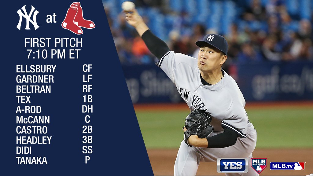 Yankees's tweet photo. It’s #TanakaTime in the greatest rivalry in sports! #Yankees take on Red Sox at 7:10 ET. 
https://t.co/6AzReVGjGm https://t.co/fuROnTSNI8