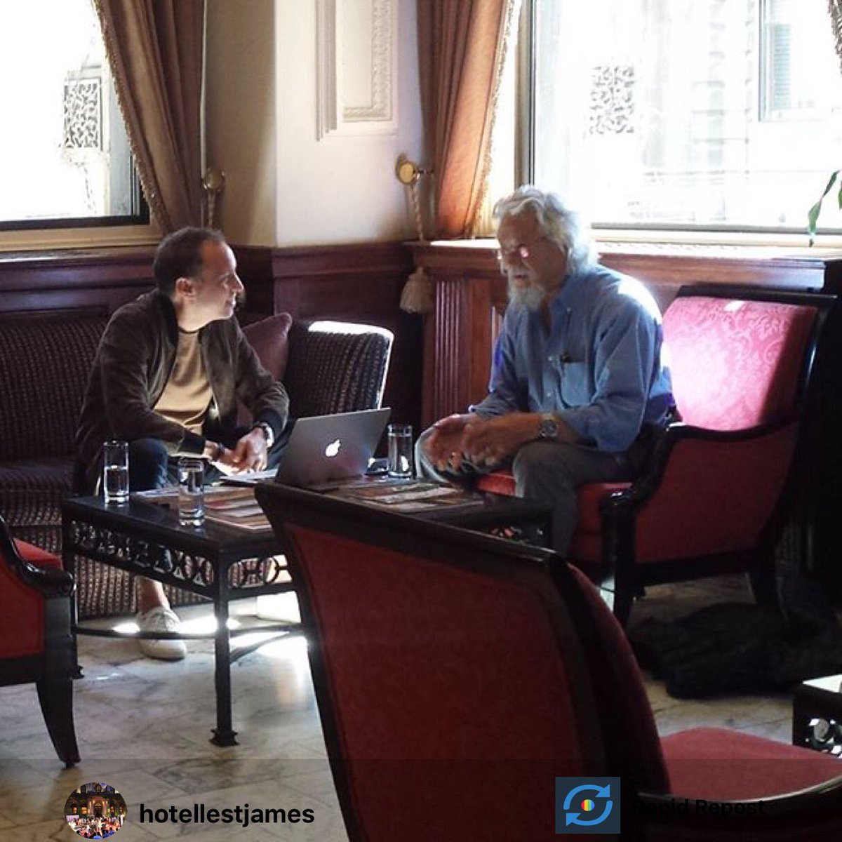 c2montreal's tweet image. Captured by @hotellestjames this AM: @jfbouchard and @DavidSuzuki deep in conversation. Prepping for C2?