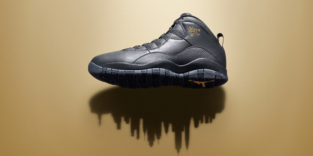 nikestore's tweet photo. Between boroughs. The @Jumpman23 Air Jordan 10 'New York City' arrives tomorrow at 10am ET: https://t.co/Txgde1i2ZA https://t.co/KEt2a4vZFU