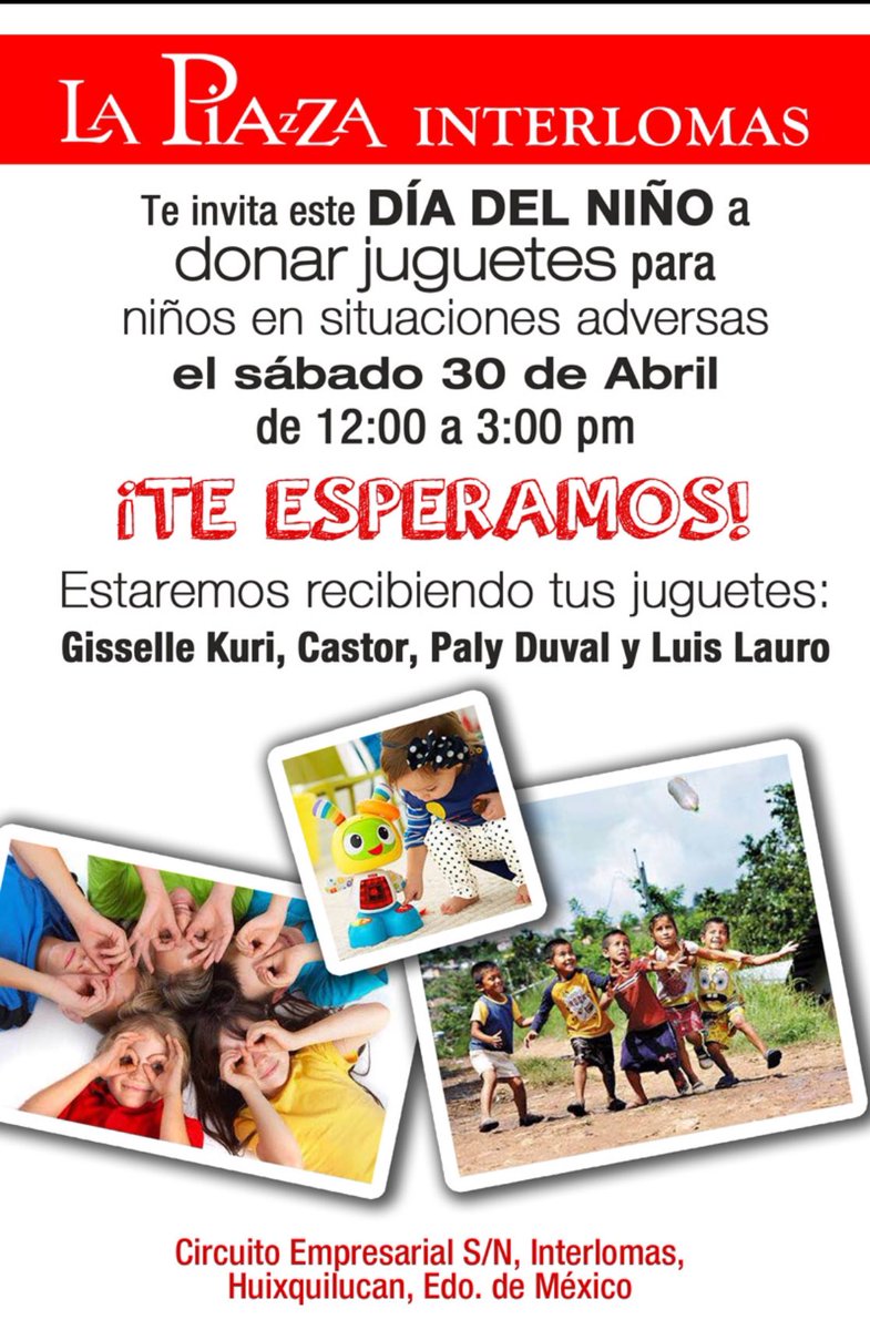 MAÑANA estarán <a href="/gissellekuri/">Gisselle kuri</a> @PalyDuval <a href="/luis_lauro/">Lauro</a> y más amigos, recibiendo juguetes en La Piazza. ¡Acá te vemos! 🍭