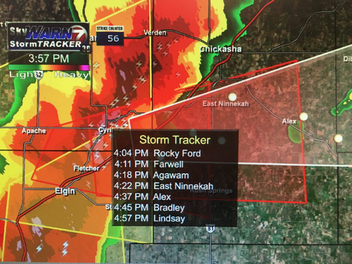 KatieTheWXLady's tweet photo. 4 PM: *TORNADO WARNING* for SE Caddo, S Grady, and NE Comanche counties until 4:45pm, moving east at 30mph https://t.co/VAsY83KMi3
