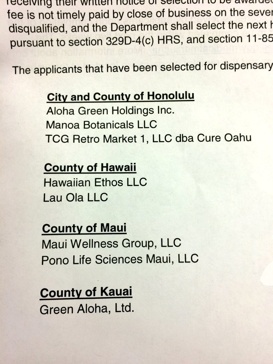 solomonout's tweet photo. The 8 applicants selected for the first #Hawaii medical marijuana dispensary licenses. #HINews https://t.co/eahaES8Buf