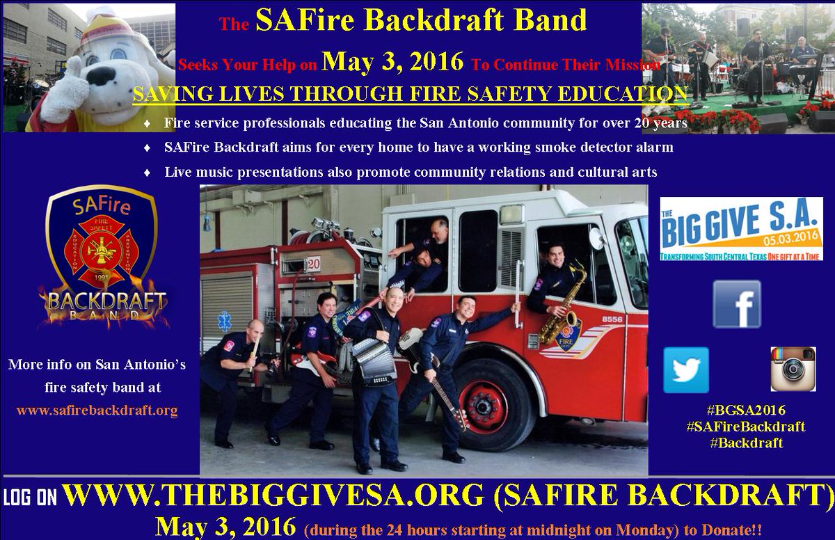 SAFireBackdraft's tweet photo. MAY 3! https://t.co/Mgq6u3jEuO #BGSA2016 #safirebackdraft #firesafety #backdraft #BIGGIVESA #BIGGIVESA2016 #sparky https://t.co/ZPsLg6vXMO