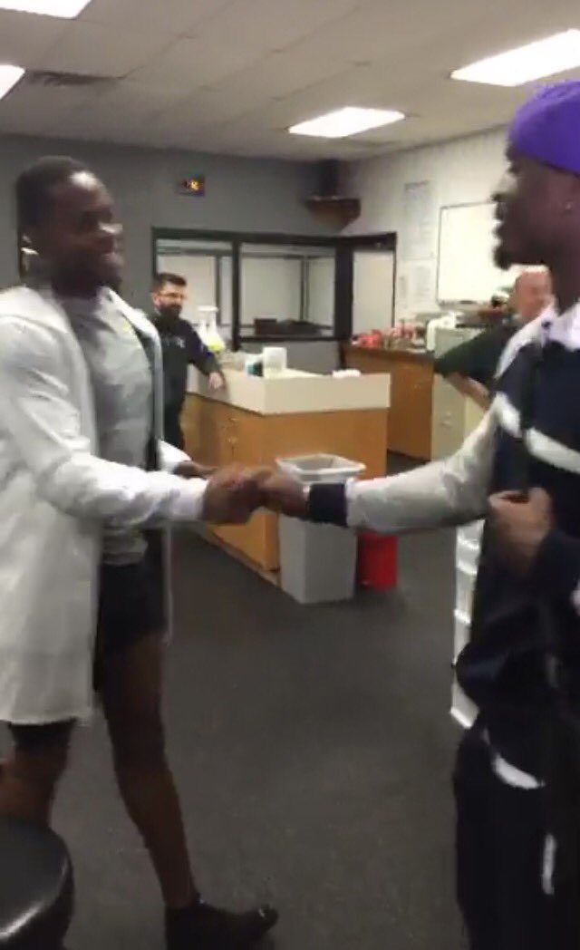 adampatrickNFL's tweet photo. Teddy's 1st meeting with Laquon

and he's not wearing any pants...

#Vikings https://t.co/xKhMvrNR0o