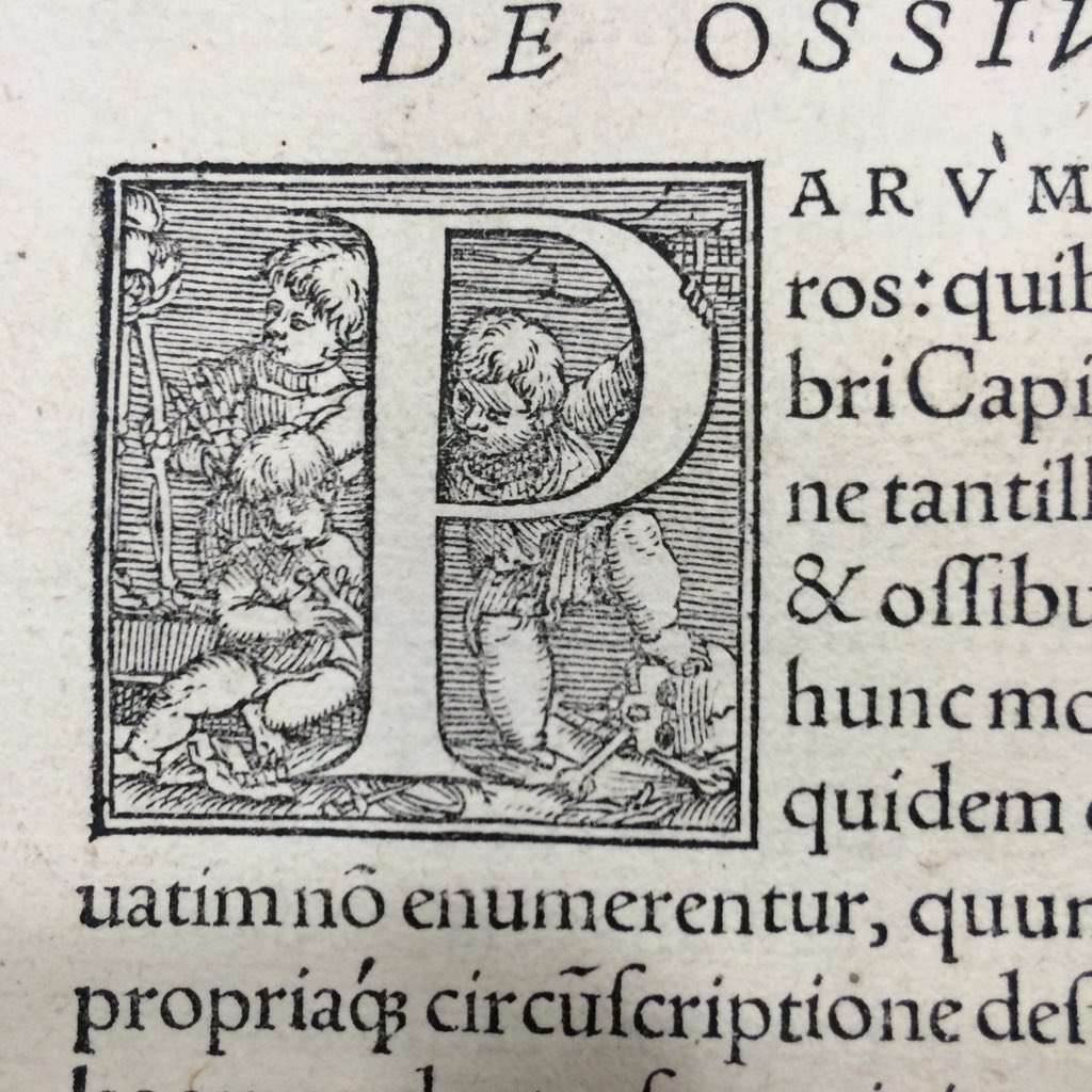 Initial cap with boys &amp; bones from 1543 Vesalius Fabrica at University of Glasgow Library Special Collections.
