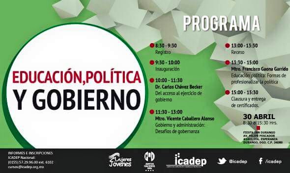 OnmpriT's tweet photo. @IcadepDurango te invita mañana a su curso denominado "Educación, Política y Gobierno" asiste, la entrada es gratis https://t.co/wYCYHi9RKe