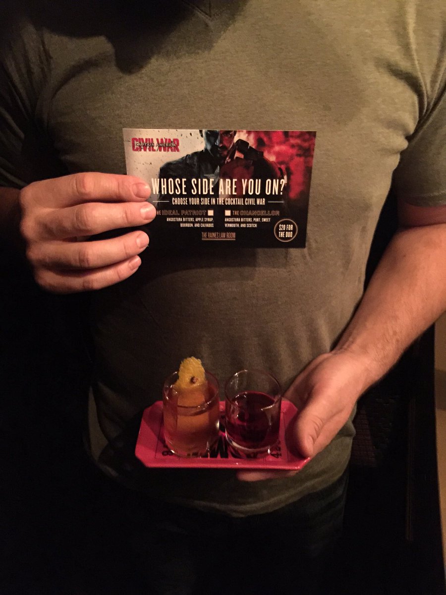 It's a dead heat right now between The Ideal Patriot (#TeamCap) and the Chancellor (#TeamIronMan)!
#CocktailCivilWar